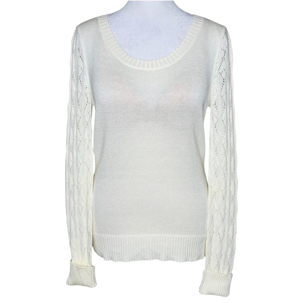 Orb Cream Sweater M Wool Blend Key-Hole Back Open-Knit Sleeves Elevated Basics